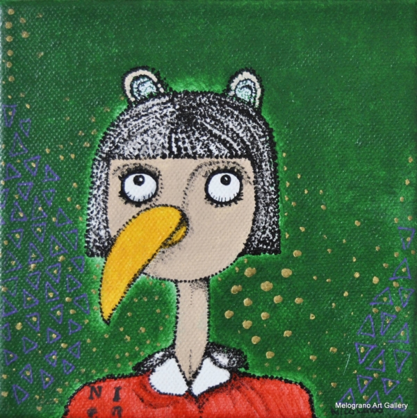 Piccolo volto femminile antropomorfo in stile fumettistico, coloratissimo, ispirato a Guerra e Pace, ciclo “Orwell” di Nicoletta Calvo.