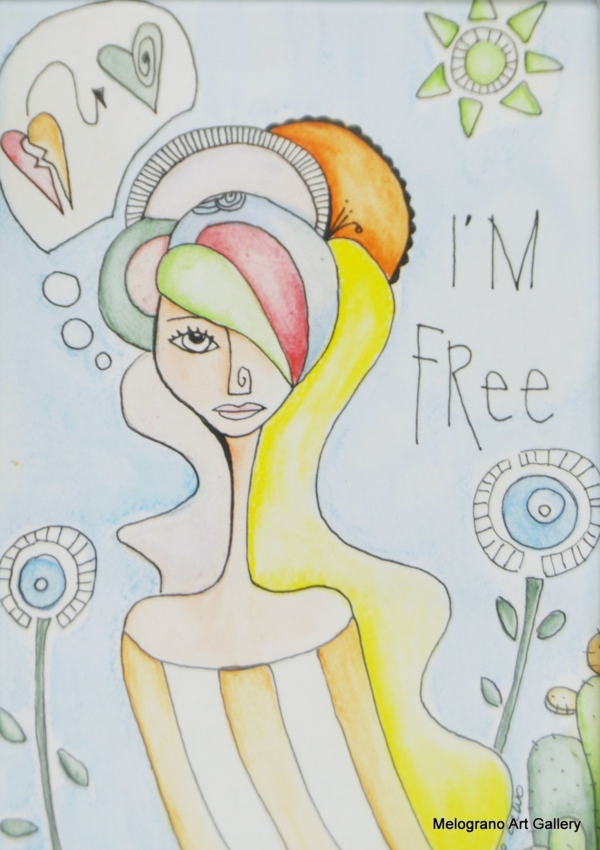 Disegno su carta “I’m Free”: figura femminile con un occhio visibile, lunghi capelli morbidi, sole e fiori, tratto sottile e deciso.
