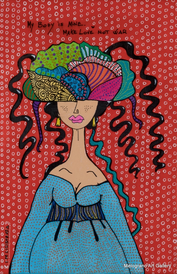 Lisistrata pop art con linee marcate e scritte “My body is mine” e “Make love not war” di Nicoletta Calvo.