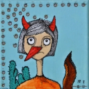 Nicoletta Calvo Pride and prejudice Piccolo volto femminile antropomorfo in stile fumettistico, coloratissimo, ispirato a Pride and Prejudice, ciclo “Orwell” di Nicoletta Calvo.