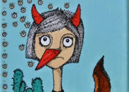 Piccolo volto femminile antropomorfo in stile fumettistico, coloratissimo, ispirato a Pride and Prejudice, ciclo “Orwell” di Nicoletta Calvo.