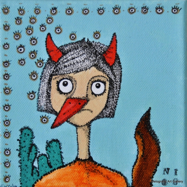 Piccolo volto femminile antropomorfo in stile fumettistico, coloratissimo, ispirato a Pride and Prejudice, ciclo “Orwell” di Nicoletta Calvo.