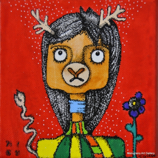 Piccolo volto femminile antropomorfo in stile fumettistico, coloratissimo, ispirato a Vanity Fair, ciclo “Orwell” di Nicoletta Calvo.