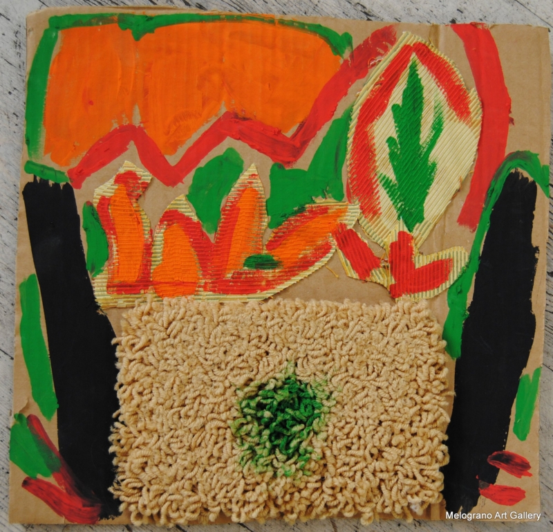 Paola Vallini Doppi giochi (2) Opera su cartone con colori vivaci e materiali applicati di Paola Vallini