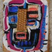 Paola Vallini Doppi giochi (7) Opera su cartone con colori vivaci e materiali applicati di Paola Vallini