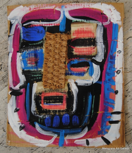 Opera su cartone con colori vivaci e materiali applicati di Paola Vallini