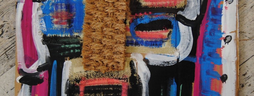 Paola Vallini Doppi giochi (7) Opera su cartone con colori vivaci e materiali applicati di Paola Vallini