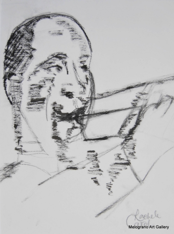 Rachele Carol Odello – figure umane che suonano musica, composizione simbolica in blu e rosso, arte contemporanea