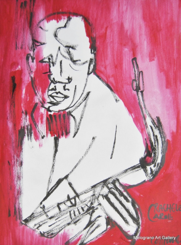 Rachele Carol Odello – figure umane che suonano musica, composizione simbolica in blu e rosso, arte contemporanea