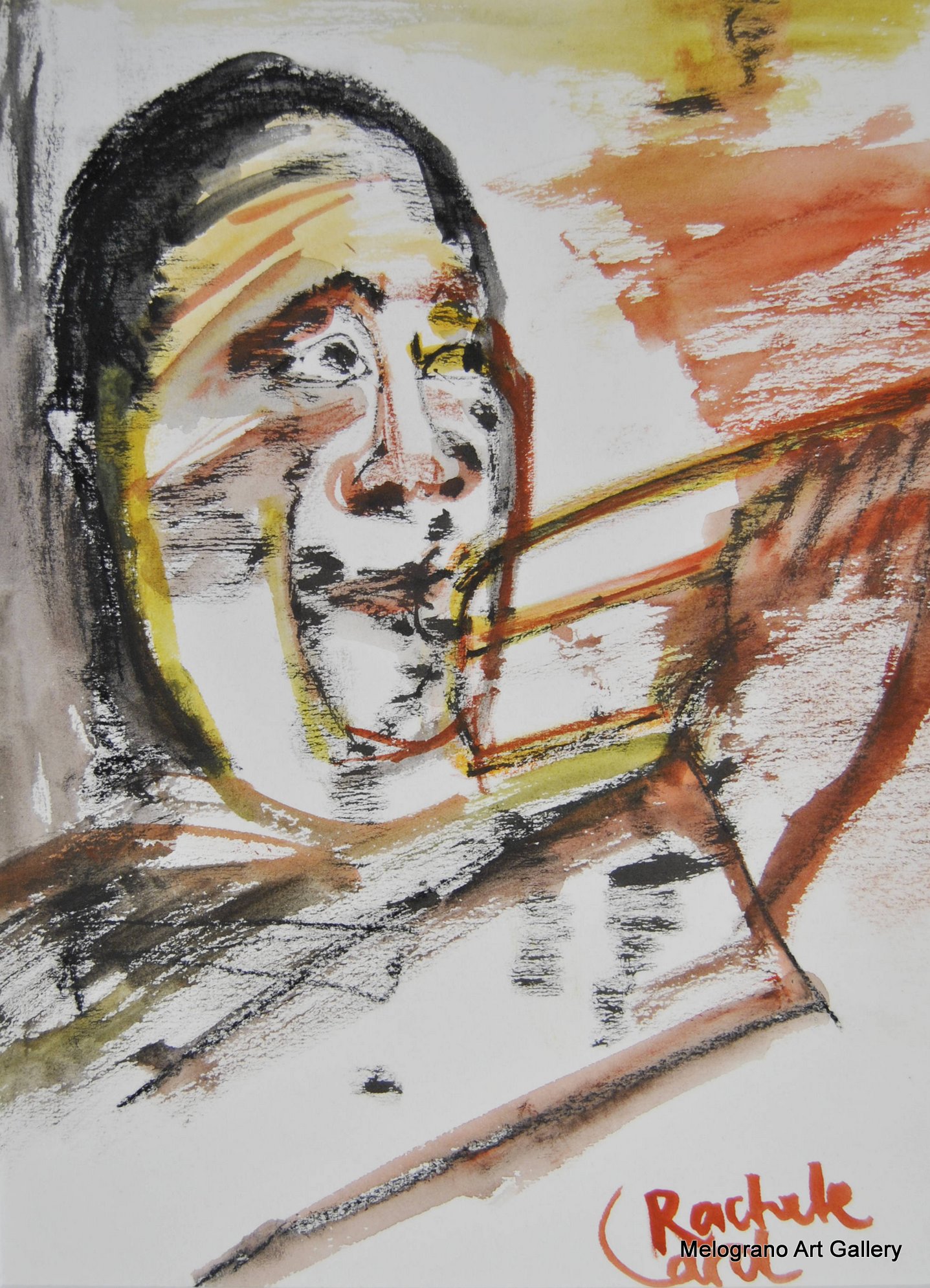 Rachele Carol Odello – figure umane che suonano musica, composizione simbolica in blu e rosso, arte contemporanea