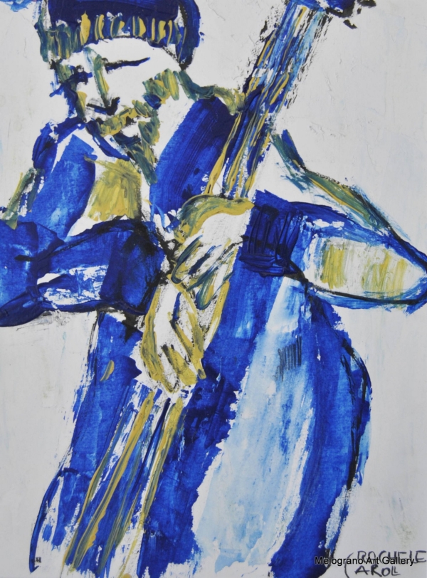 Rachele Carol Odello – figure umane che suonano musica, composizione simbolica in blu e rosso, arte contemporanea