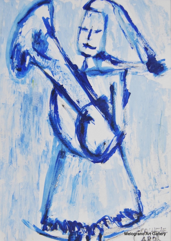 Rachele Carol Odello – figure umane che suonano musica, composizione simbolica in blu e rosso, arte contemporanea