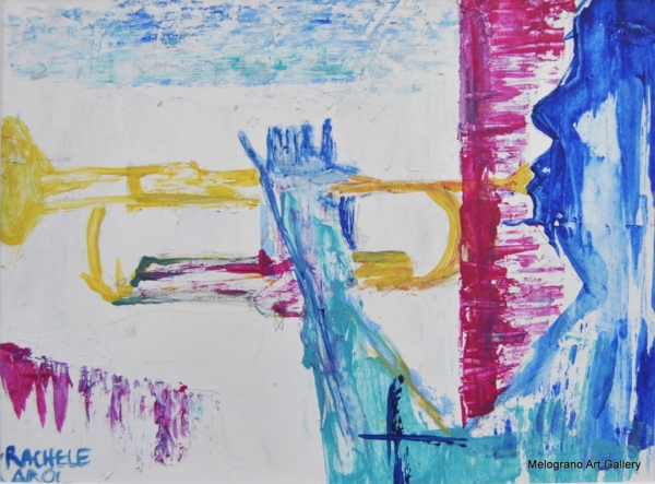 Rachele Carol Odello – figure umane che suonano musica, composizione simbolica in blu e rosso, arte contemporanea