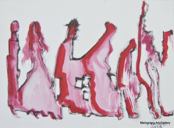 Rachele Carol Odello – figure umane che suonano musica, composizione simbolica in blu e rosso, arte contemporanea