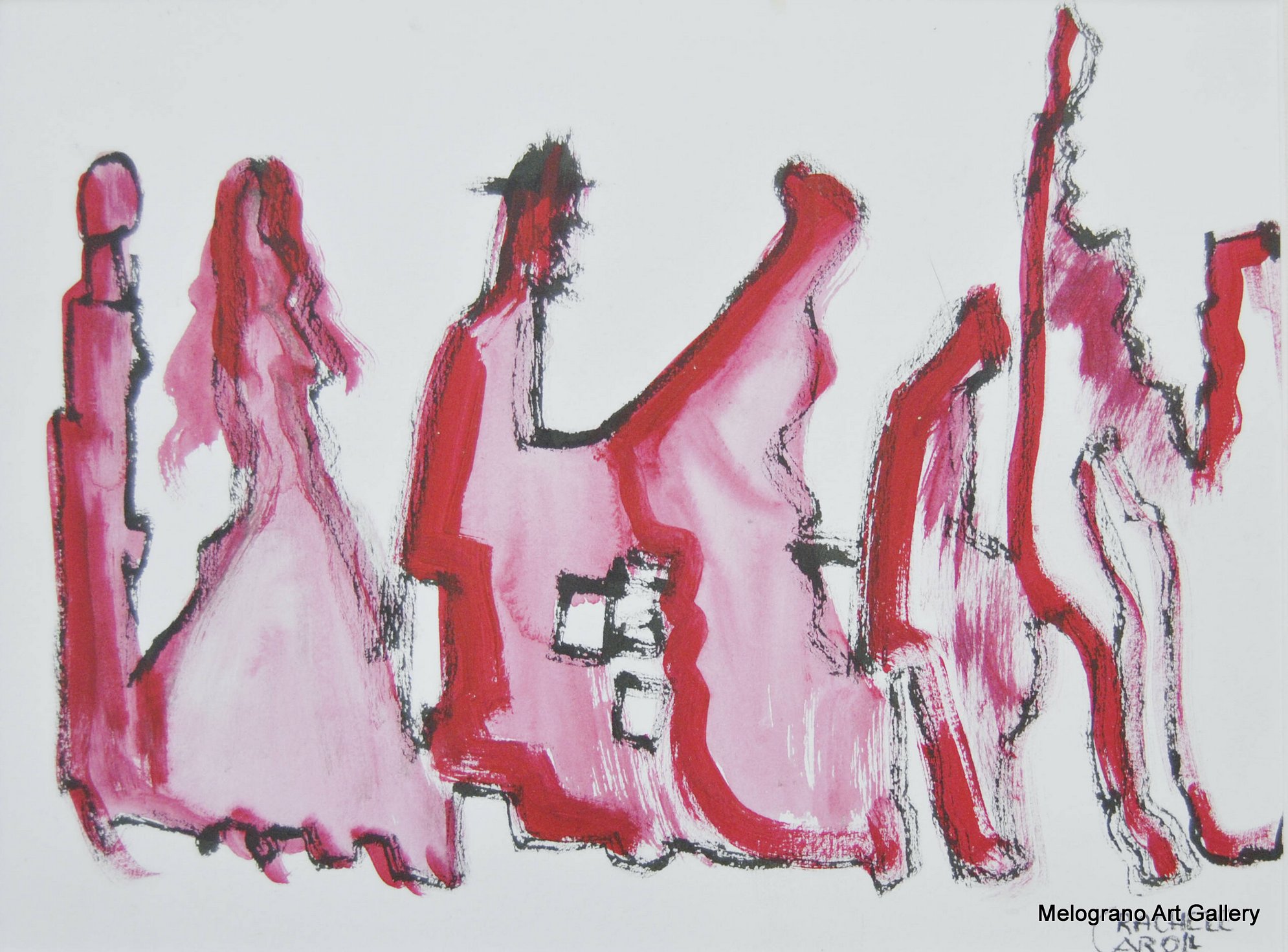 Rachele Carol Odello – figure umane che suonano musica, composizione simbolica in blu e rosso, arte contemporanea