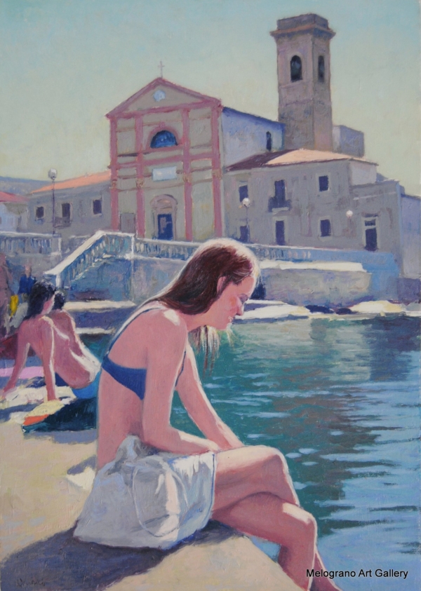 Quadro di Riccardo Chirici. bagnanti sul molo vicino alla chiesa di San Jacopo con ragazza in primo piano e cielo turchese della mattina