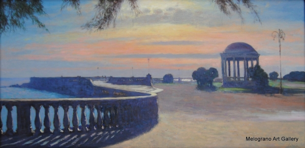 Quadro di Riccardo Chirici che rappresenta La Terrazza Mascagni a Livorno con un bel tramonto infuocato