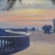 Quadro di Riccardo Chirici che rappresenta La Terrazza Mascagni a Livorno con un bel tramonto infuocato
