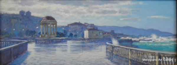 Quadro di Riccardo Chirici una bella libecciata e armosfera azzurra alla Terrazza Mascagni di Livorno