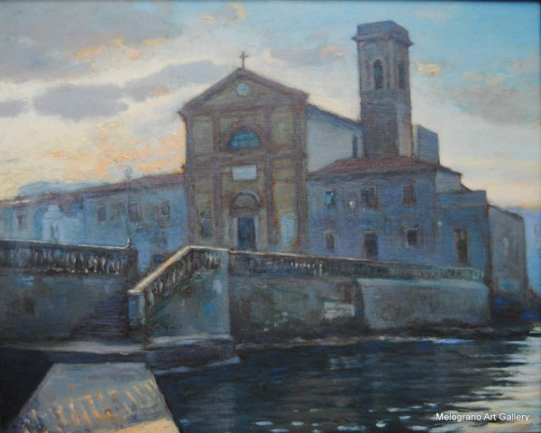 Quadro di Riccardo Chirici. chiesa di San Jacopo a Livorno all’alba con luce azzurra e facciata parzialmente in ombra