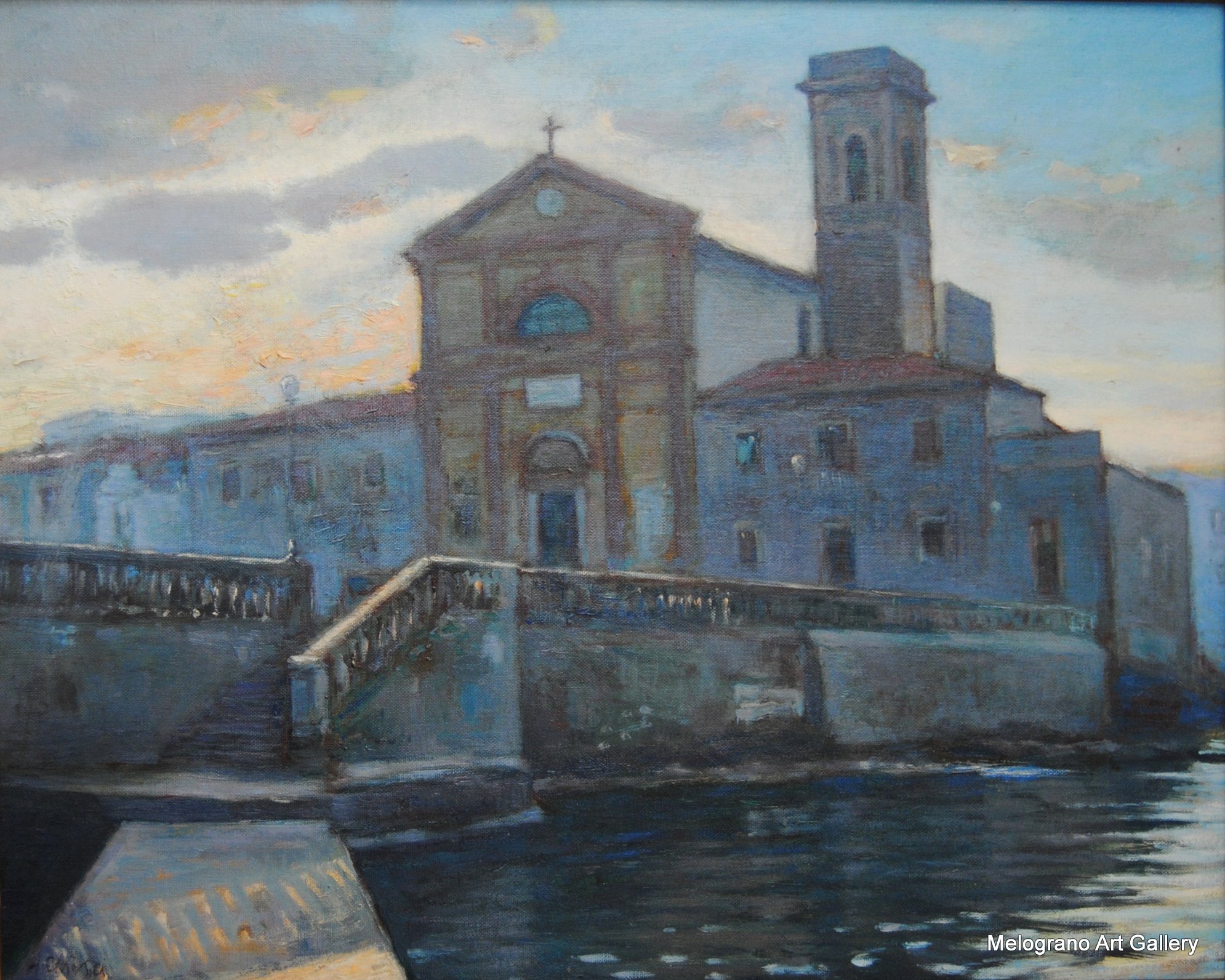 Quadro di Riccardo Chirici. chiesa di San Jacopo a Livorno all’alba con luce azzurra e facciata parzialmente in ombra