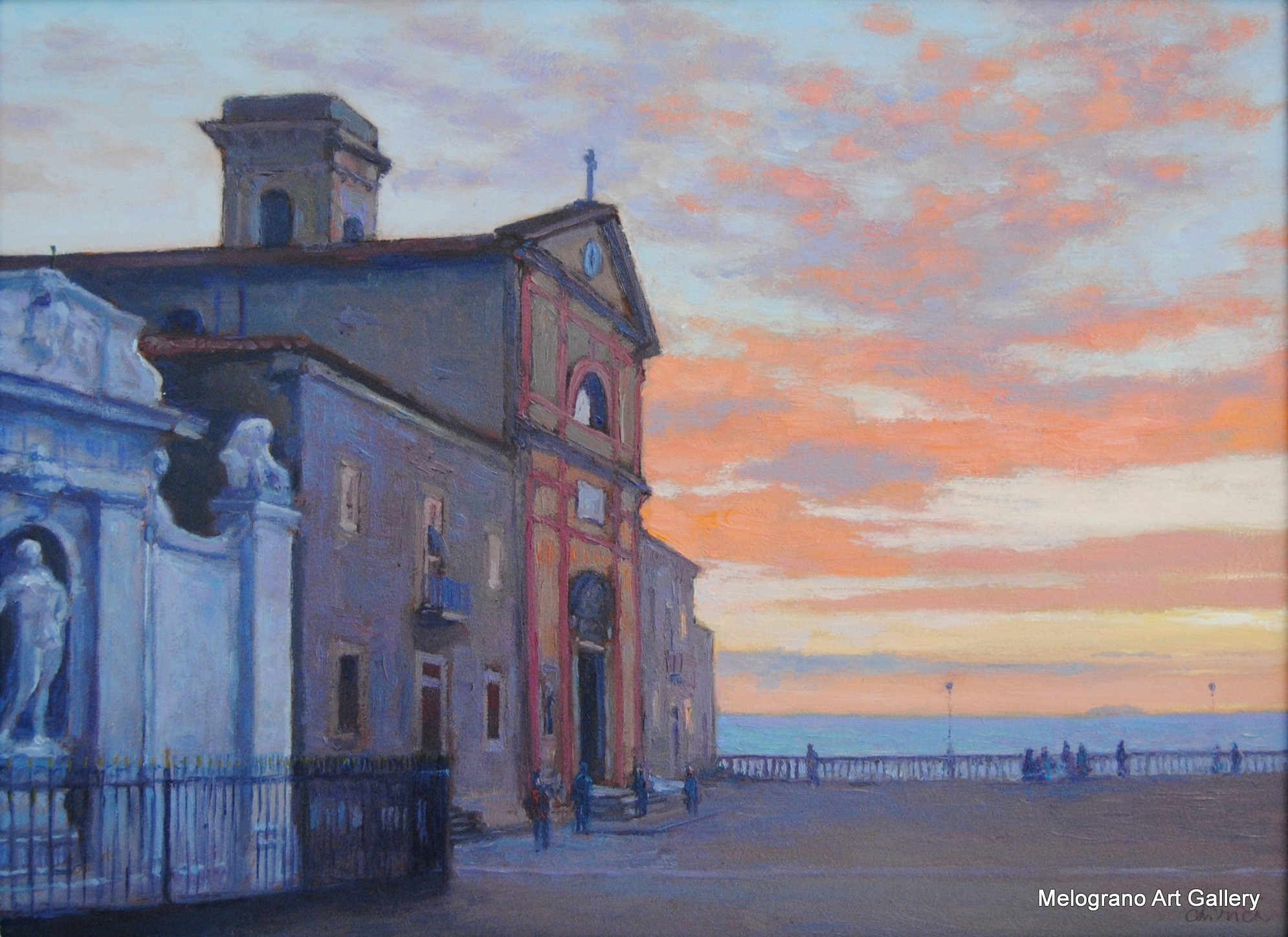 Quadri di Riccardo Chirici. Tramonto sulla chiesa di San Jacopo a Livorno con luce calda che illumina la facciata vista mare
