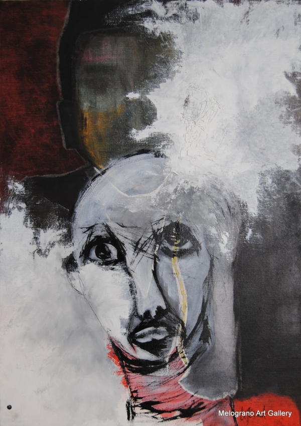 Figura sofferente dipinta da Richard Tisserant, volto umano segnato da angoscia e tristezza, corpo deformato, pittura espressiva e drammatica