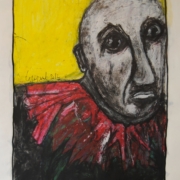 Richard Tisserant 24 Figura sofferente dipinta da Richard Tisserant, volto umano segnato da angoscia e tristezza, corpo deformato, pittura espressiva e drammatica