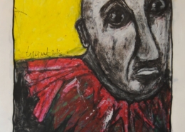 Figura sofferente dipinta da Richard Tisserant, volto umano segnato da angoscia e tristezza, corpo deformato, pittura espressiva e drammatica