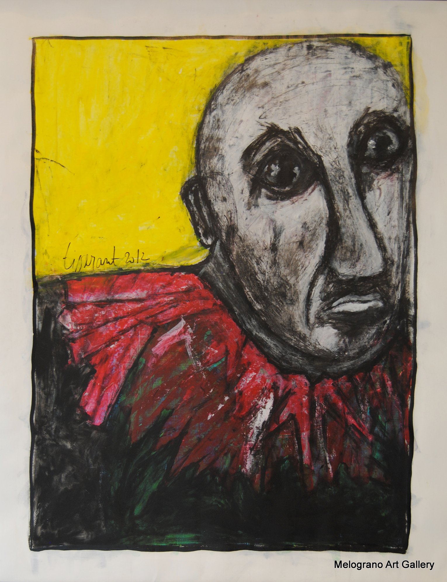 Figura sofferente dipinta da Richard Tisserant, volto umano segnato da angoscia e tristezza, corpo deformato, pittura espressiva e drammatica