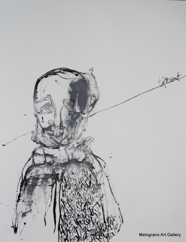 Figura ibrida e sofferente dipinta da Richard Tisserant, volto umano segnato da angoscia e tristezza, corpo deformato, pittura espressiva e drammatica