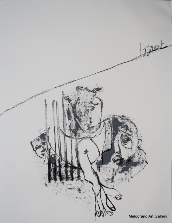 Figura ibrida e sofferente dipinta da Richard Tisserant, volto umano segnato da angoscia e tristezza, corpo deformato, pittura espressiva e drammatica