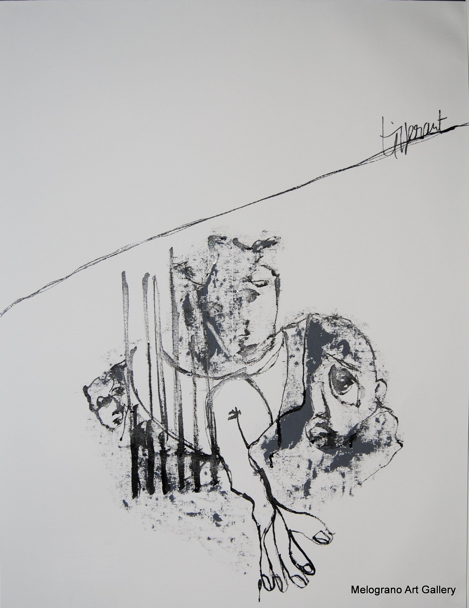 Figura ibrida e sofferente dipinta da Richard Tisserant, volto umano segnato da angoscia e tristezza, corpo deformato, pittura espressiva e drammatica