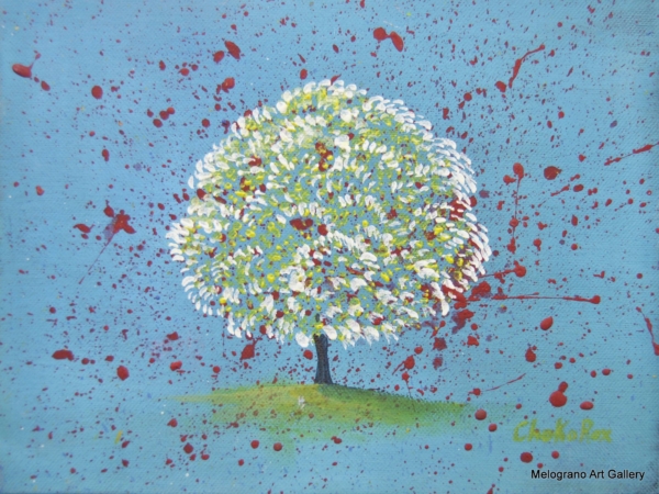 Alberino stilizzato su tela monocroma, dipinto simbolico di Rosanna Costa