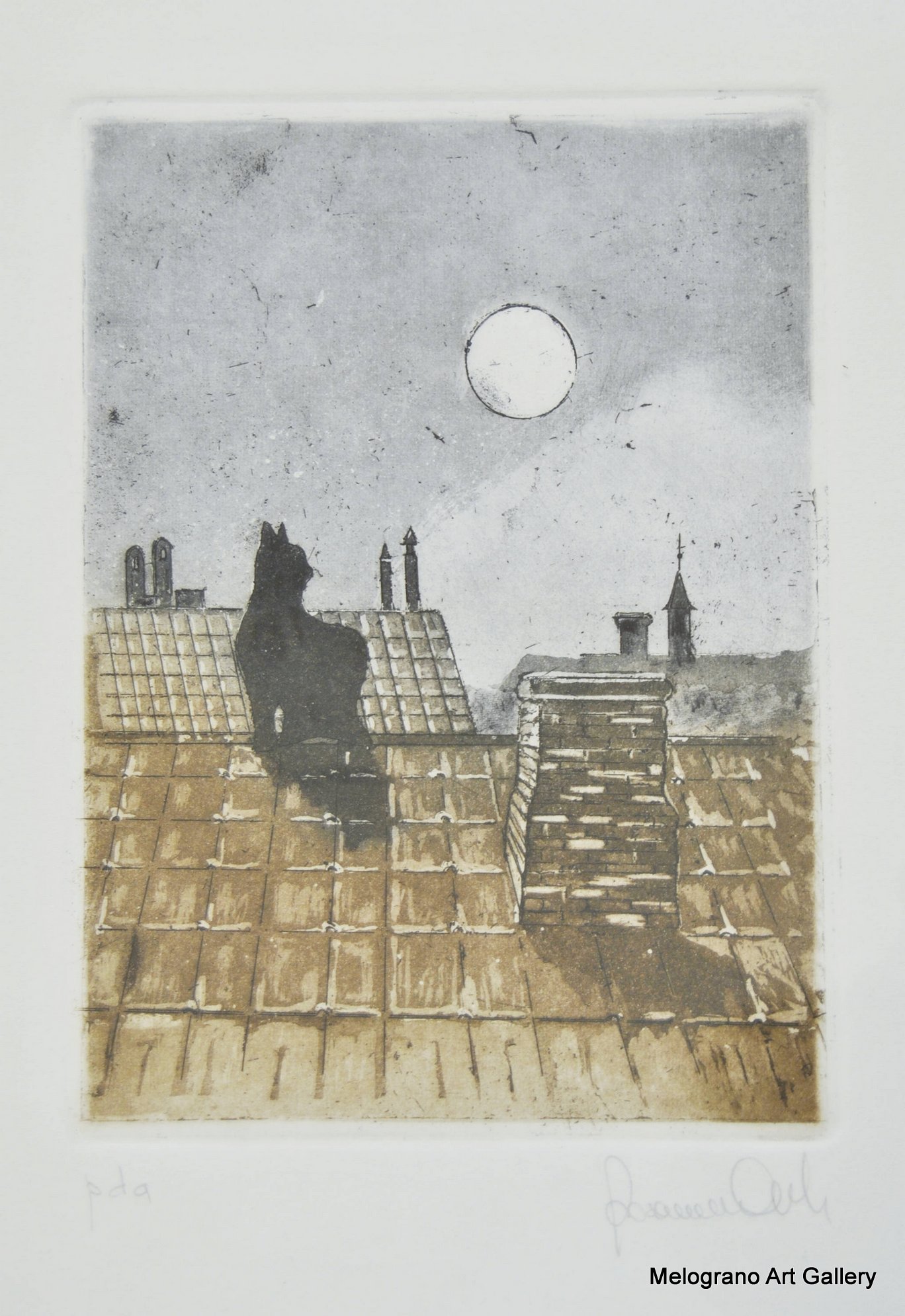 Gattini neri su tetto grigio, acquaforte delicata di Rosanna Costa