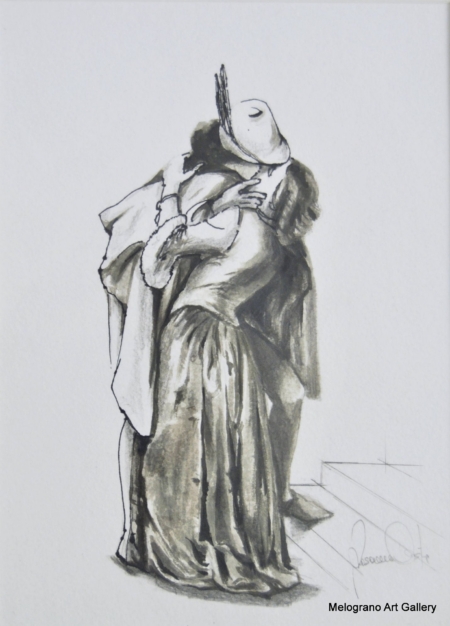 Acquarello ispirato al “Bacio” di Hayez, piccolo disegno di Rosanna Costa