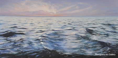 Mare rosato al tramonto nella penombra, dipinto caldo di Rosanna Costa