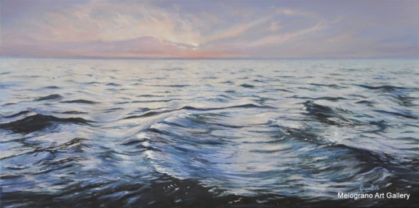 Mare rosato al tramonto nella penombra, dipinto caldo di Rosanna Costa