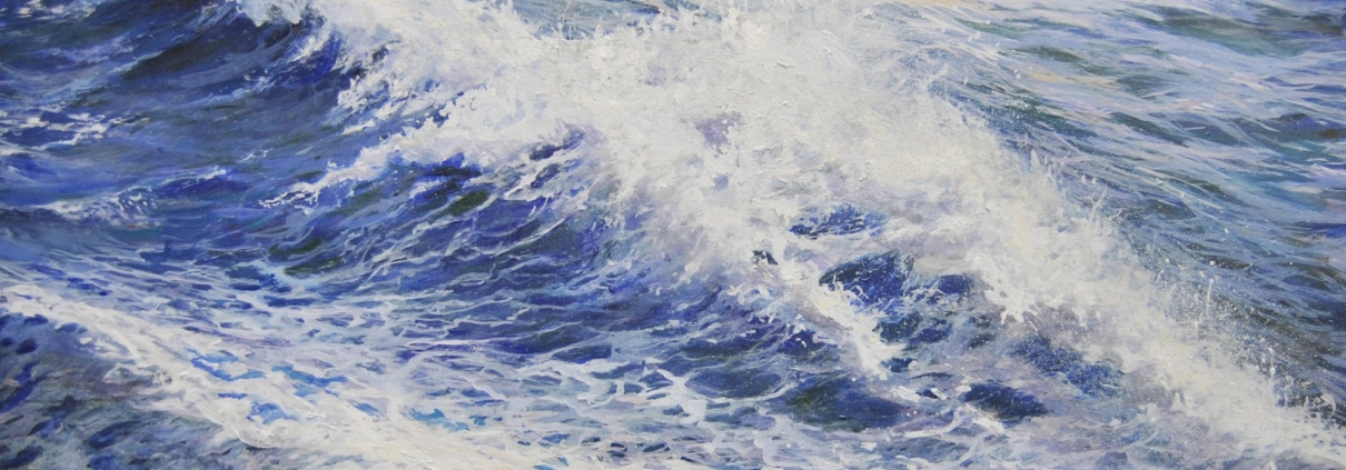 Onda azzurra con spuma bianca frizzante, dipinto marino di Rosanna Costa