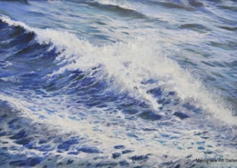 Onda azzurra con spuma bianca frizzante, dipinto marino di Rosanna Costa