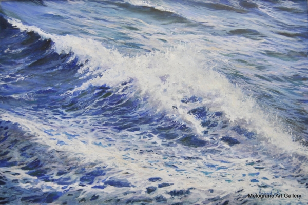 Onda azzurra con spuma bianca frizzante, dipinto marino di Rosanna Costa