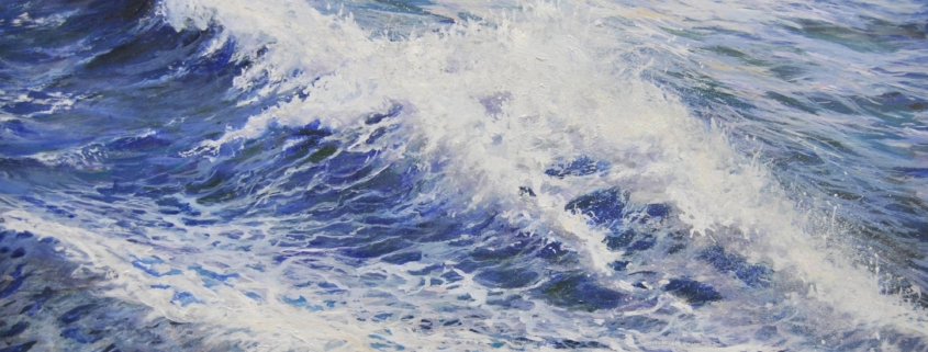 Onda azzurra con spuma bianca frizzante, dipinto marino di Rosanna Costa