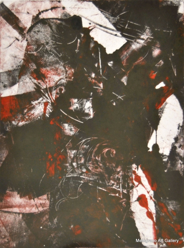 Acquatinta astratta nei toni del rosso di Rosanna Costa