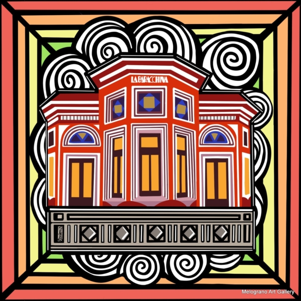 Opera digitale di Rossella Bessi dedicata a Livorno e alla celebra Baracchina Rossa, con colori vibranti e forme essenziali