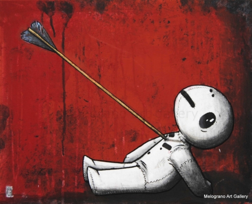 Alessio Bolognesi, Il bersaglio, Sfiggy tridimensionale colpito da una freccia in campo rosso, pittura contemporanea su tela, linee nere e campiture nette
