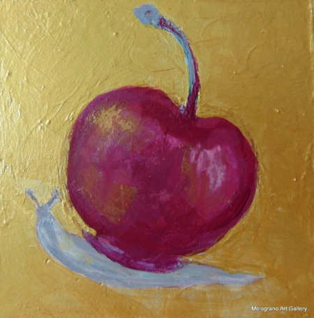 Piccola opera 10×10 di Tina Vitale, pittura simbolica e colorata con simboli, doppi sensi e portafortuna