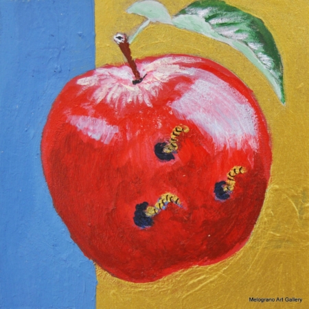 Piccola opera 10×10 di Tina Vitale, pittura simbolica e colorata con simboli, doppi sensi e portafortuna