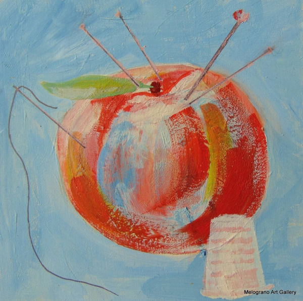 Piccola opera 10×10 di Tina Vitale, pittura simbolica e colorata con simboli, doppi sensi e portafortuna