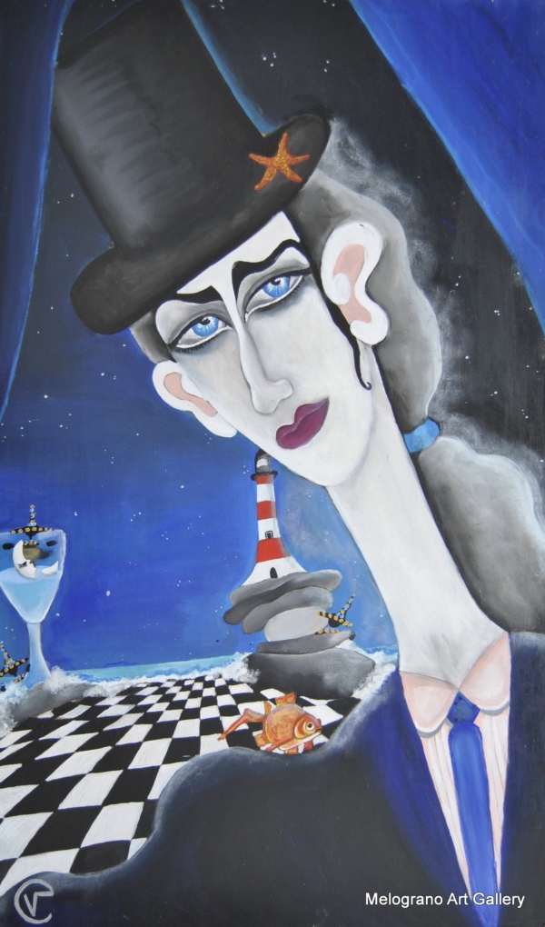 ritratti surreali di donne e figure oniriche in mondi immaginari, opere di Velimna alias Valeria Cipolli dedicata alla Terrazza Mascagni di Livorno