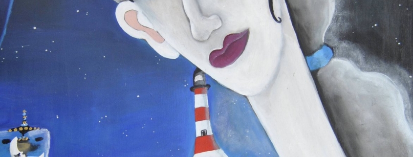 Velimna Omaggio a Livorno ritratti surreali di donne e figure oniriche in mondi immaginari, opere di Velimna alias Valeria Cipolli dedicata alla Terrazza Mascagni di Livorno